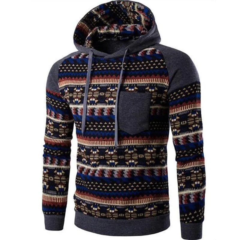 Hooded Men Tops Fashion Geometry Print Stitching Sweatshirts Slim Men's for Hoodies | Мужская одежда