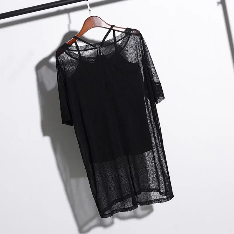 2 шт. черное ажурное платье прозрачное кружевное с круглым вырезом повседневное