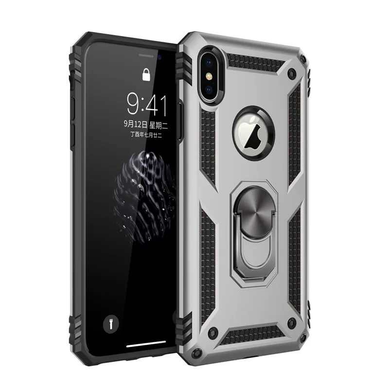 Gray Phone Case Противоударный бронированный чехол для телефона с подставкой для iPhone 11 Pro XR XS Max X 6 6S 7 8 Plus, магнитное кольцо-держатель для пальца, защита от падения - Цвет: Gray Phone Case