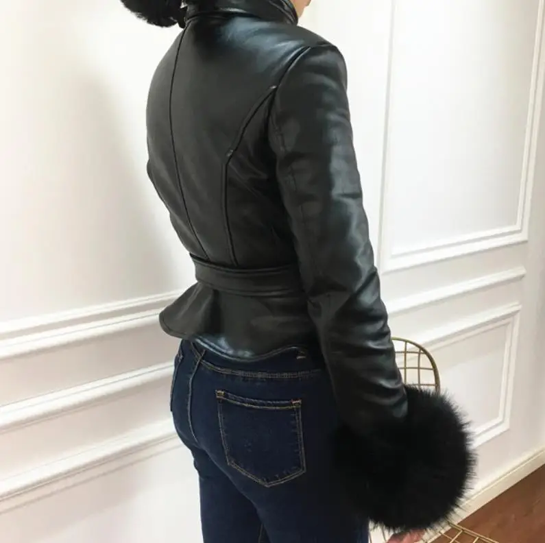 Куртка из искусственной кожи женская зимняя черная стеганая теплая верхняя одежда в стиле панк модная мотоциклетная Женская куртка рукава с мехом
