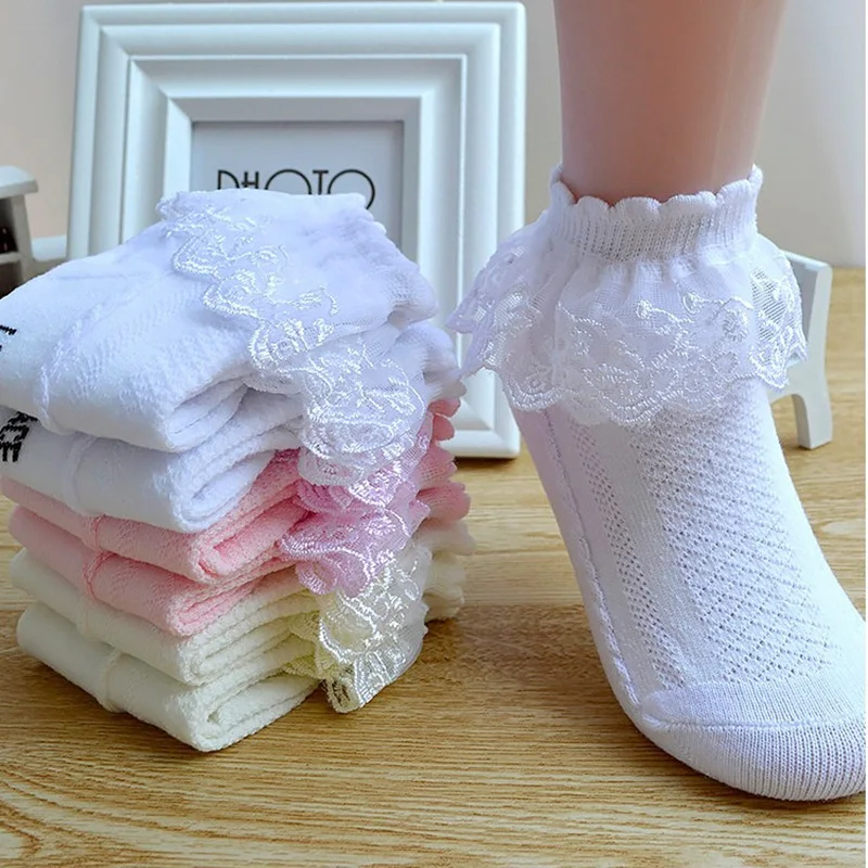 Calcetines de malla de encaje de algod&oacute;n para ni&ntilde;os, medias cortas de tobillo, transpirables, color blanco, rosa, amarillo-0