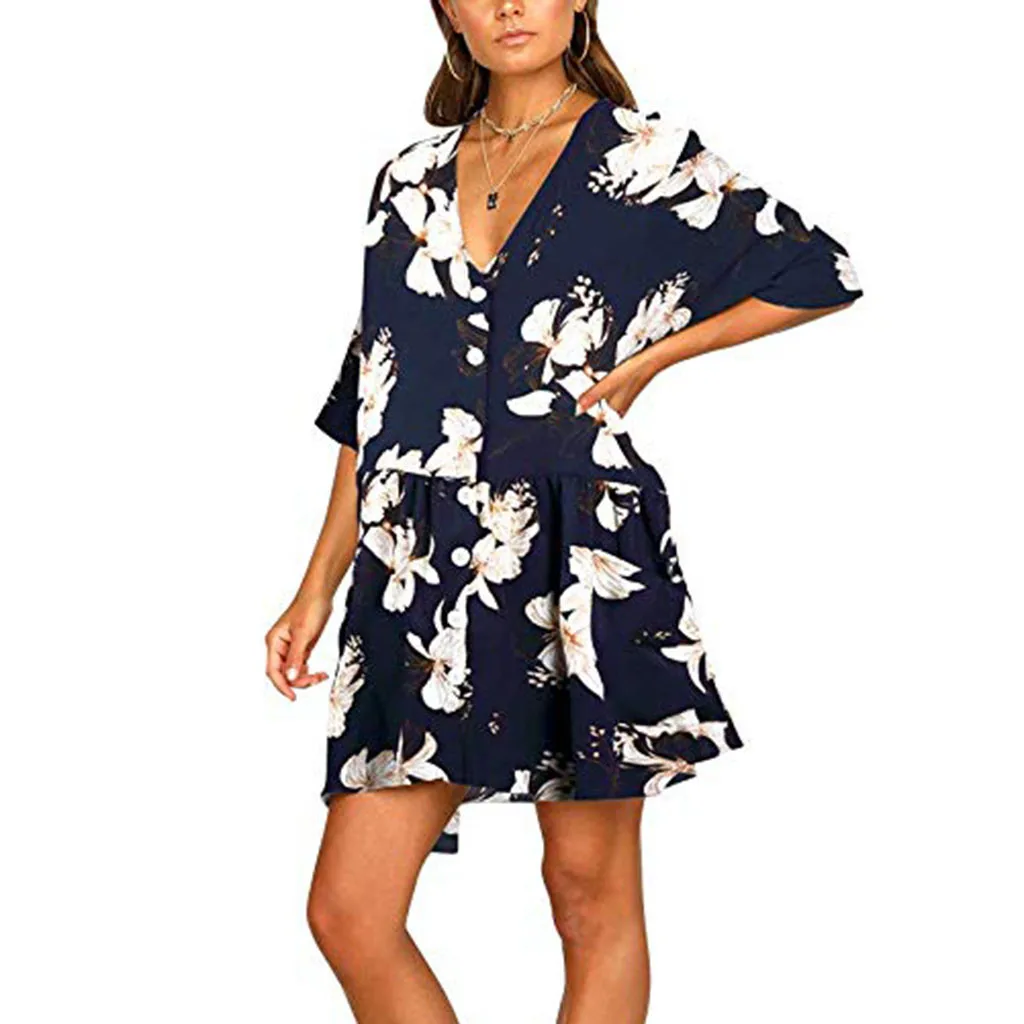 Модное летнее короткое платье с принтом карманами на пуговицах свободное v