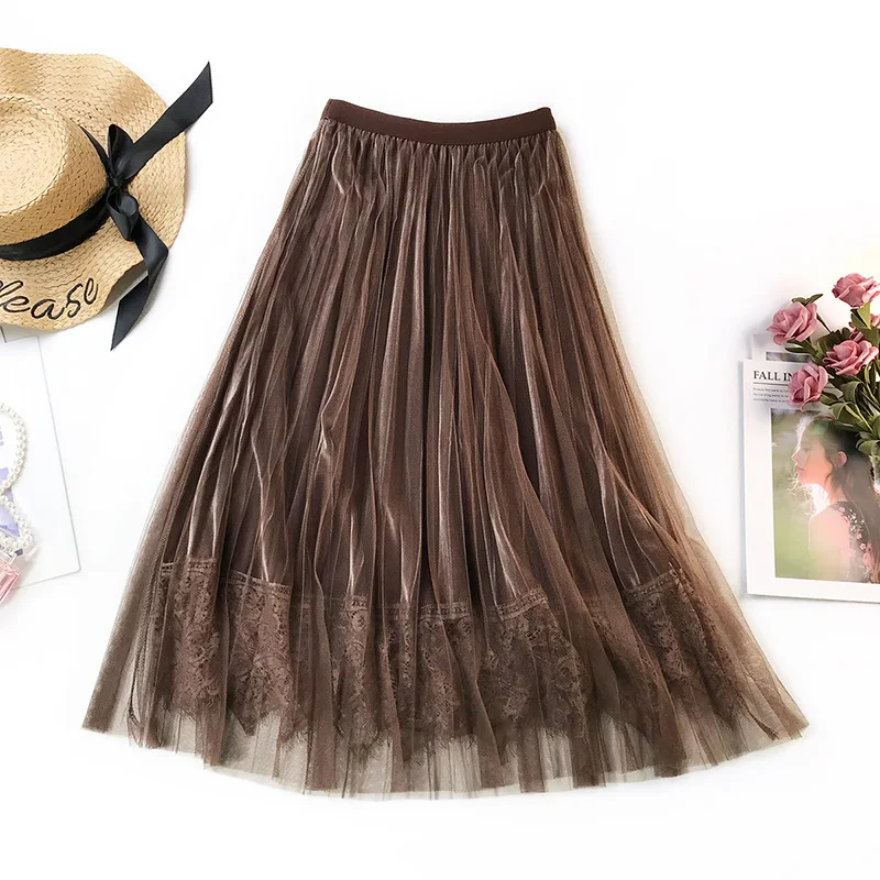 

2020 Autumn And Winter Arrival Korean Style Velvet Splicing Tulle Skirt Sweet Fairy A-line Ladies With Lace Edge Free Shipping