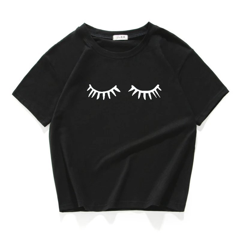 Винтажная короткая футболка с принтом ресниц Женская хлопковая размера плюс