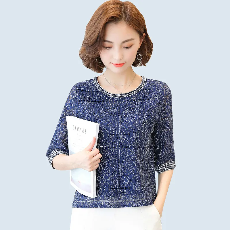 2019 лето с круглым вырезом размер плюс новая модная кружевная женская рубашка