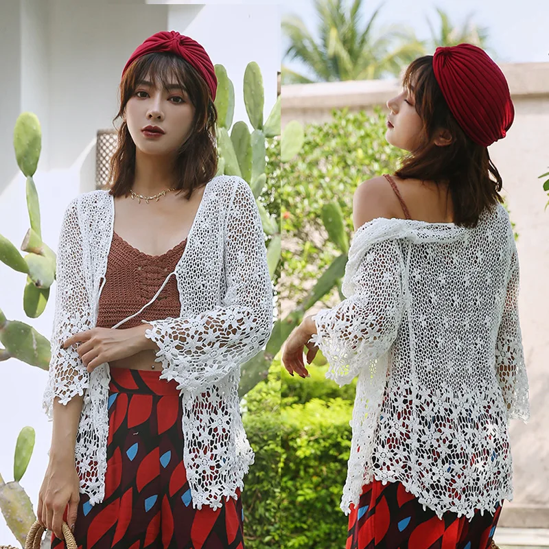 Mikumn Blusas Femininas, лето, новинка, женский милый кружевной кардиган с цветочным рисунком, с вырезами, вязанный крючком, блузка, пляжные топы, Camisas Mujer