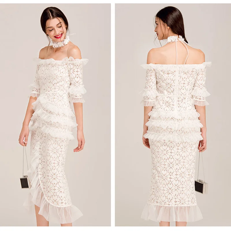 Женское кружевное платье средней длины Тюлевое облегающее с оборками и коротким