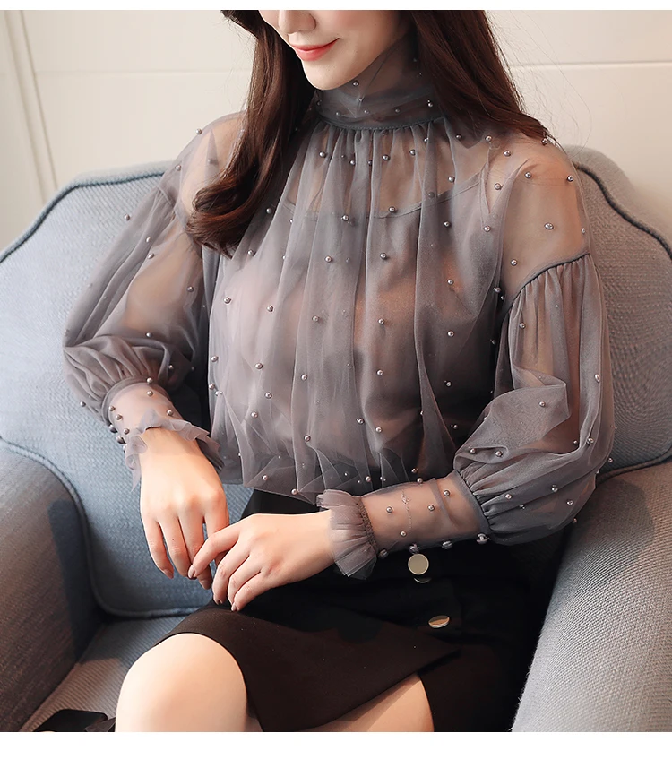 Блузка 2019 Blusas Blouse Hot Sale Vadim Plus Size New Womens Shirt Long-sleeved Super Fairy Beaded High Collar Lantern Sleeve Women on.