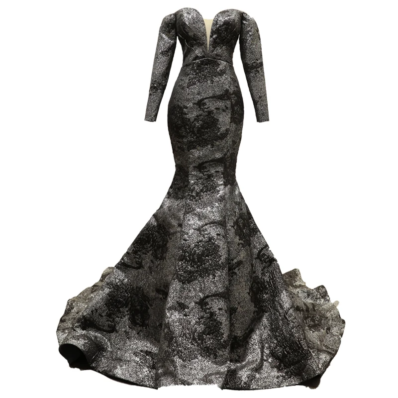 

Sparkly Black Sequins Mermaid Evening Party Dresses 2019 Off Shoulder Full Sleeves Dubai Trumpet Occasion Prom Party Gown