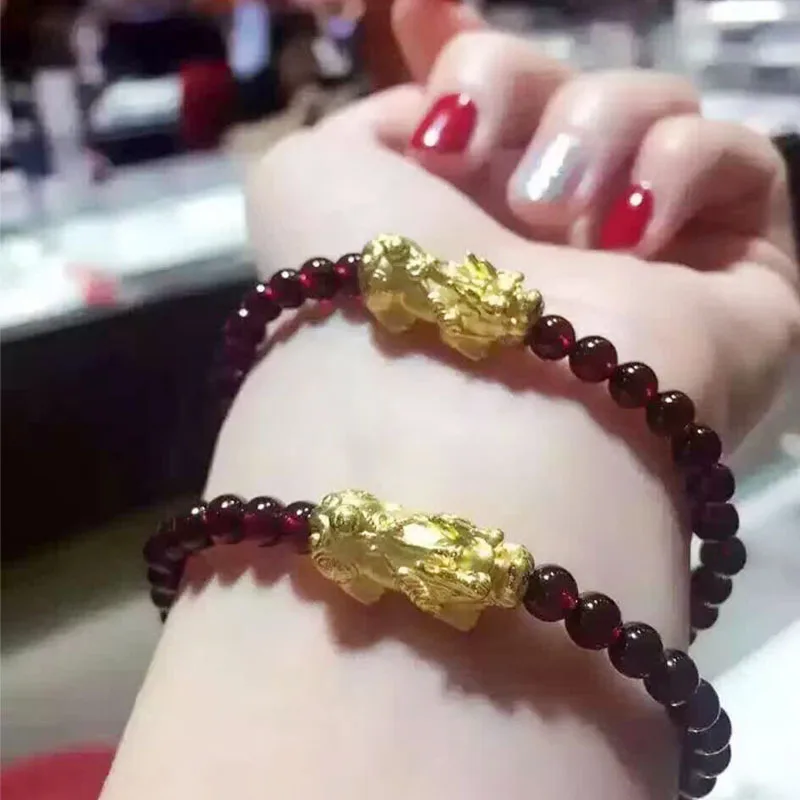 Творческий гранат Бисером Золотой Pixiu Braclet модный браслет с брелоками удачи и отваги богатство ювелирные изделия для женщин и мужчин стильный браслет