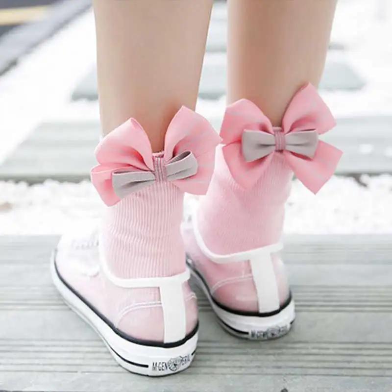 Милые зимние японские носки с бантом для девочек Kawaii Harajuku вязаные милые женские в