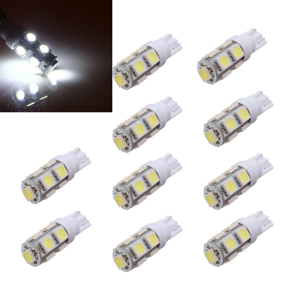 10 светодиодных ламп T10 W5W 9 SMD LED White 5050 194 168 Сверхъяркие лампочки с клиновидным
