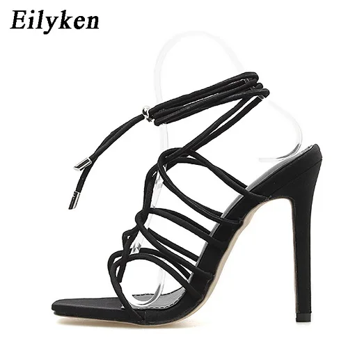 Black Eilyken/Новинка года; новые летние пикантные женские сандалии-гладиаторы; Босоножки с открытым носком на высоком каблуке; женские вечерние туфли с ремешком на щиколотке; Размеры 35-42 - Цвет: Black