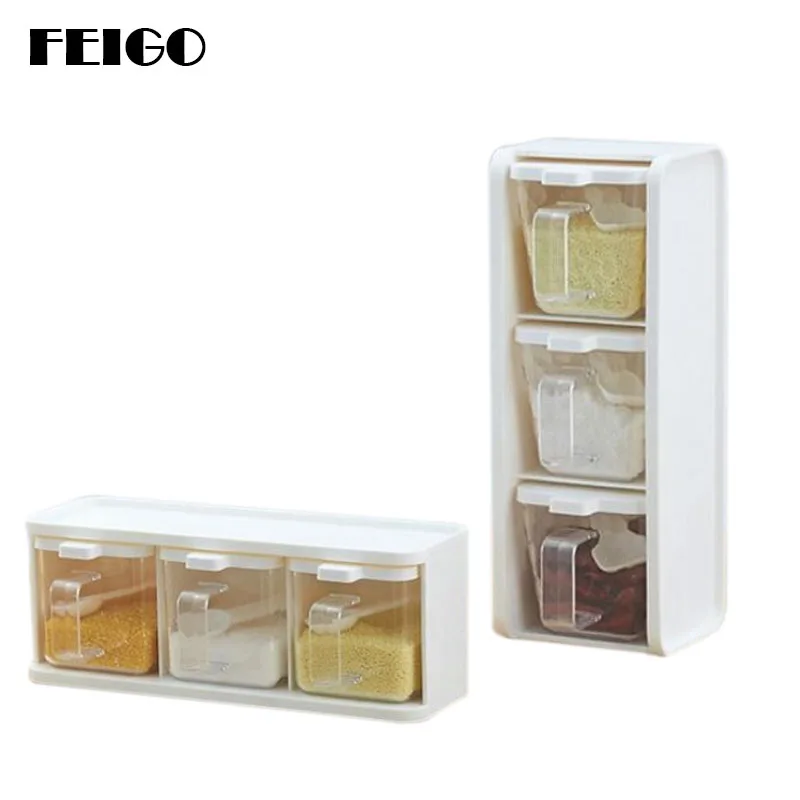 

FEIGO Creative Spice Jar Stocked Drawer Type 3 Grid Chopsticks Storage Salt Kitchen Spice Tools Pepper Shaker Storage Box F533