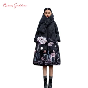 Парка женская зимняя на 90% пуху белой утки с принтом, разноцветная, с капюшоном