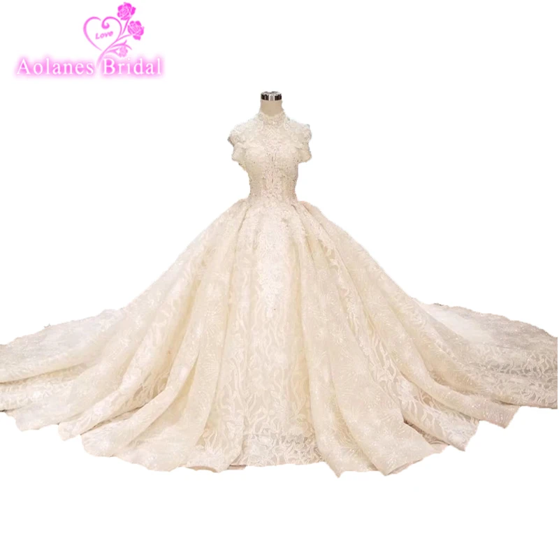 Goede Vintage Champagne Wedding Dresses 2019 Cap Sleeve Baljurk Trouwjurk Hoge Hals Kralen Kant Bruidsjurk Vestido De Novia Wn4