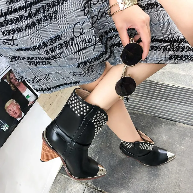 

MEMUNIA 2020 New Genuine leather boots women ladies high heels short boots rivets punk western ankle boots autumn shoes