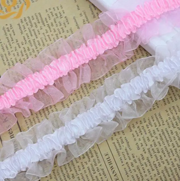 

40Meter Pink Elastic Ruffled Lace Trim Stretch Pleat Lace Ribbons Bed Doll Clothes Baby Hair Band Headband Lace DIY Accessories