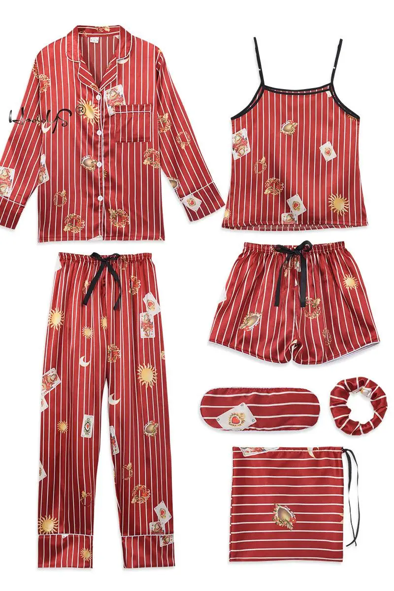 Stripe Printing Women's 7 Pieces Pajamas Sets Emulation Silk Satin Pajamas Women Sleepwear Sets Spring Summer Autumn Homewear