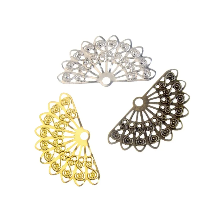 

Free shipping 30PCS 3Color Metal Filigree Slice Fan-shaped Wraps Connectors Jewelry Findings Connector Diy Crafts 38*22mm