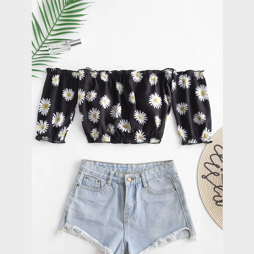 ZAFUL Укороченный топ с ромашкой и принтом плеча Сексуальный половиной рукавом
