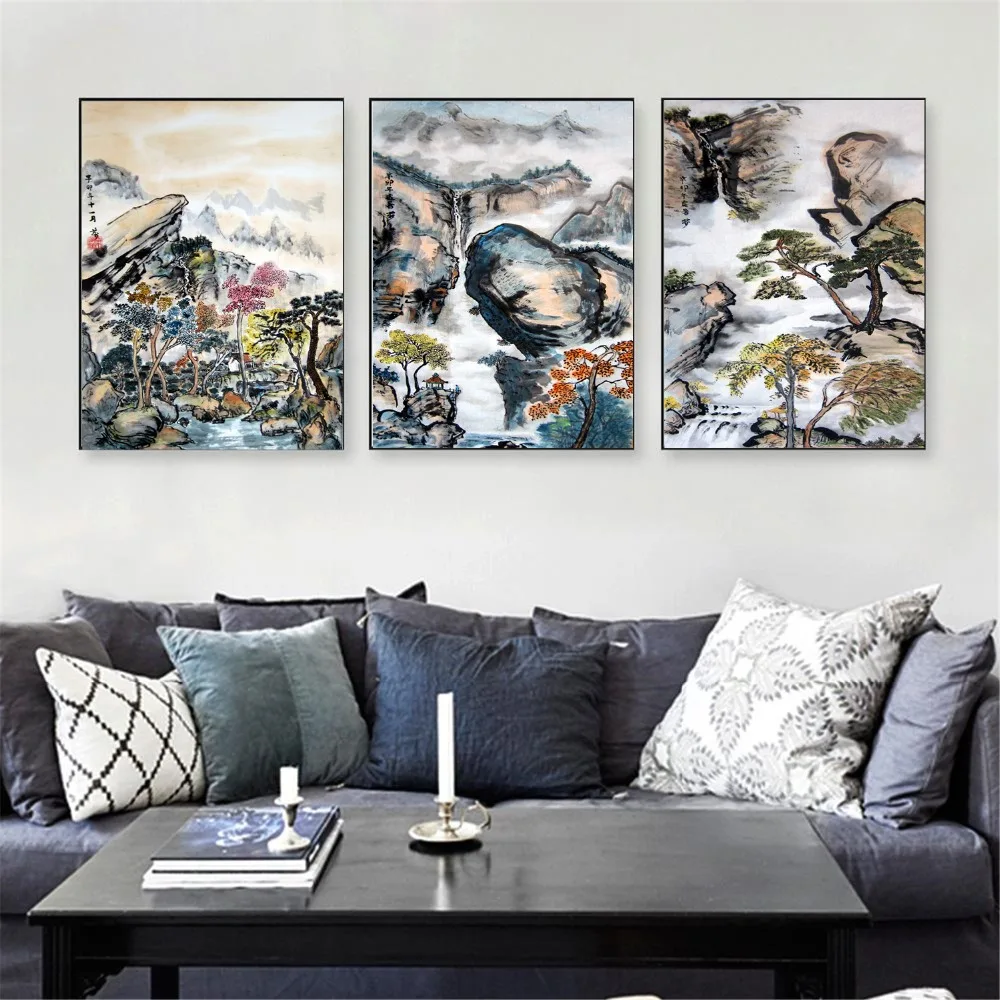 

3 Piece Chinese Watercolor Mountain Canvas Art Print Triptych Painting Poster Wall Pictures For Decoration Home Decor No Frame