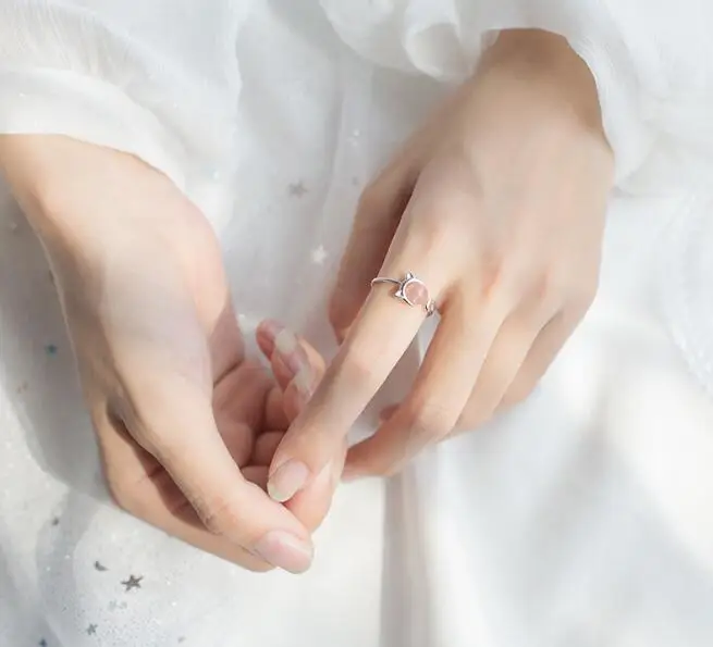 SIZE4.5-SIZE6 Аутентичные REAL.925 стерлингового серебра Fine Jewelry Роза клубника Кварцевый камень котенок кошка кольцо GTLJ1428
