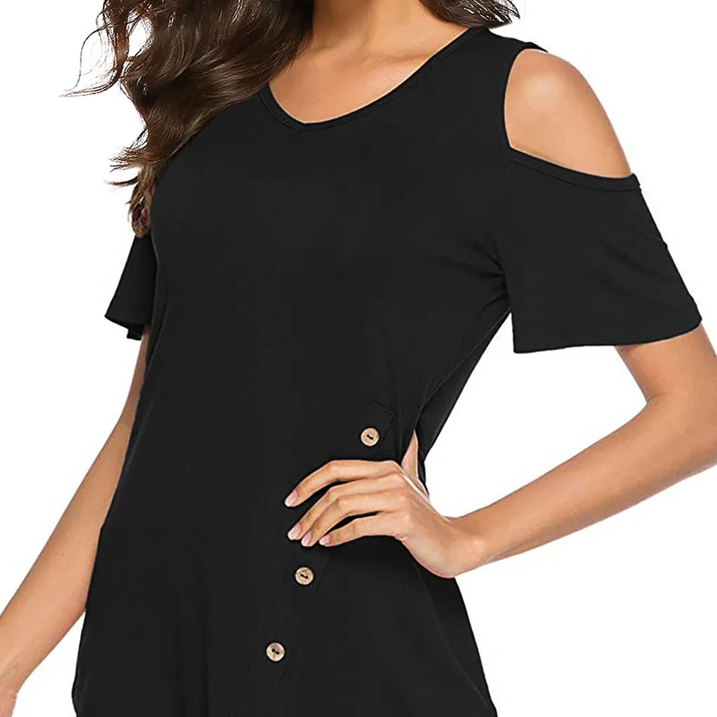 Women's Casual Round Collar Off Shoulder Button Irregular Top Summer Women Short Sleeve Solid Color Shirt G0326#20 |