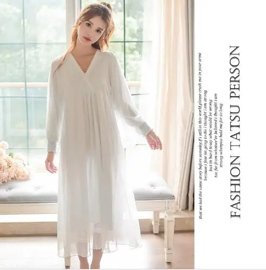 Fdfklak New High Grade White Nightgown Princess Long Sleeve Nightdress Ladies Sleepwear Dress Spring Summer Women Nightwear | Женская