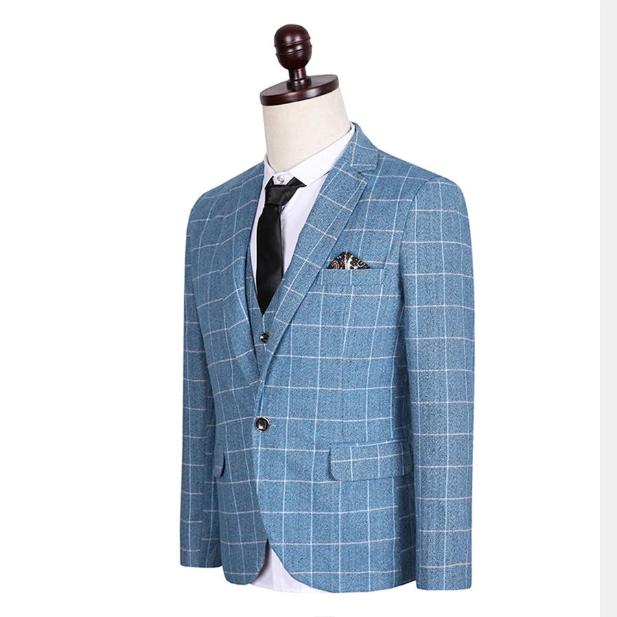 Мужской костюм в синюю клетку (пиджак + брюки жилет) официальный пиджак модный
