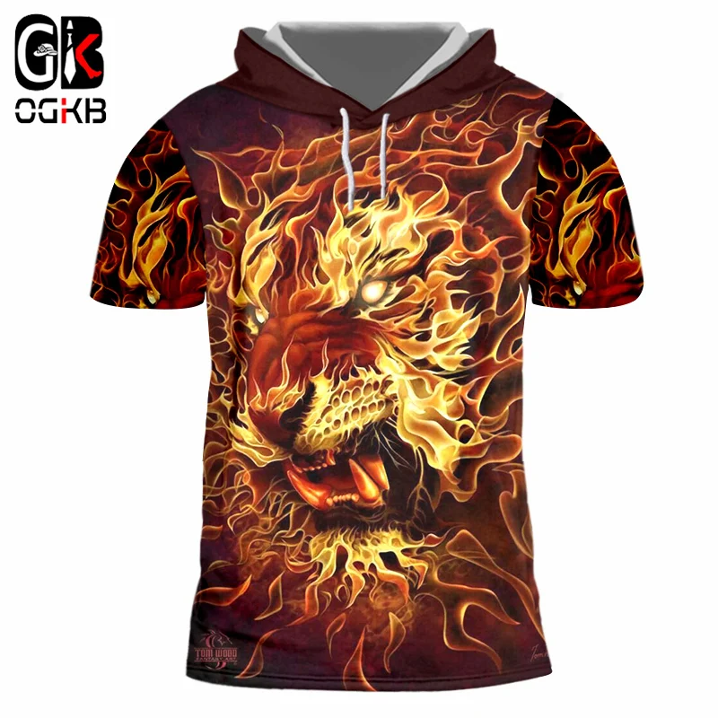 

OGKB Hiphop Casual Short Sleeve Hoodies Pullovers Women/men's Summer Tops 3D Print Flame Lion T-shirt With Hood Unisex Tee Tops
