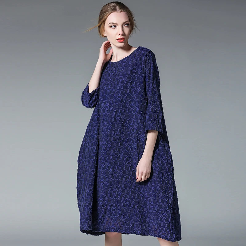 Плюс Размер Старинные Женщин Dress Casual Мода Весна Лето Стиль Высокое Качество Синий