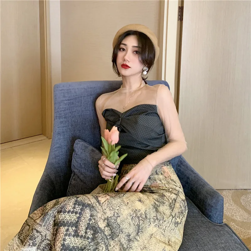 BLLOCUE 2019 New Two-Piece Set Female Polka Dot Mesh Splicing Short Top High Waist Classic Print Lace Panel Skirt | Женская одежда