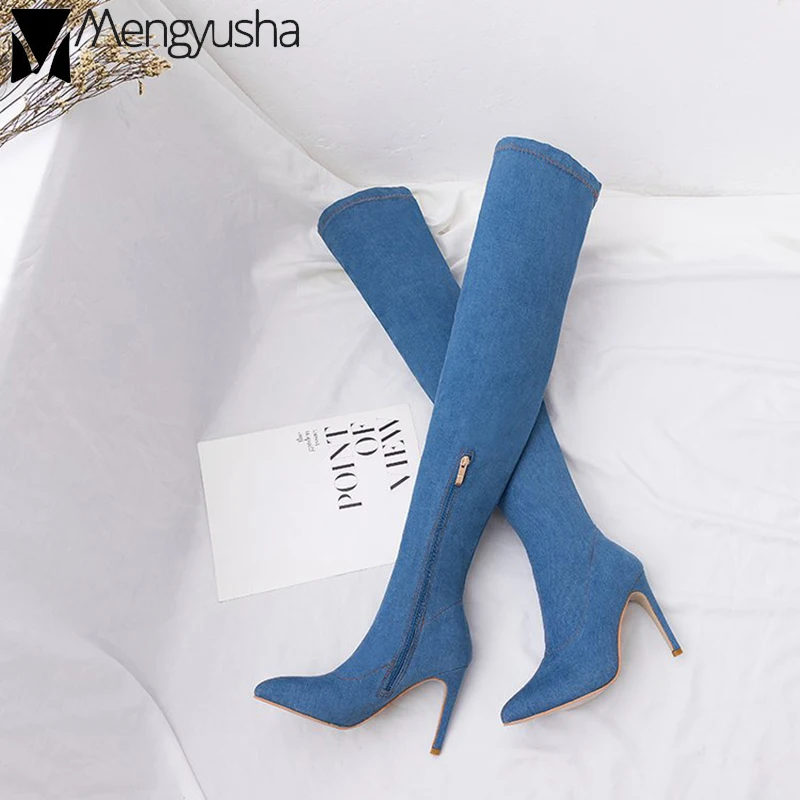 Женские Длинные облегающие ботфорты джинсовые носки Стрейчевые на шпильке с