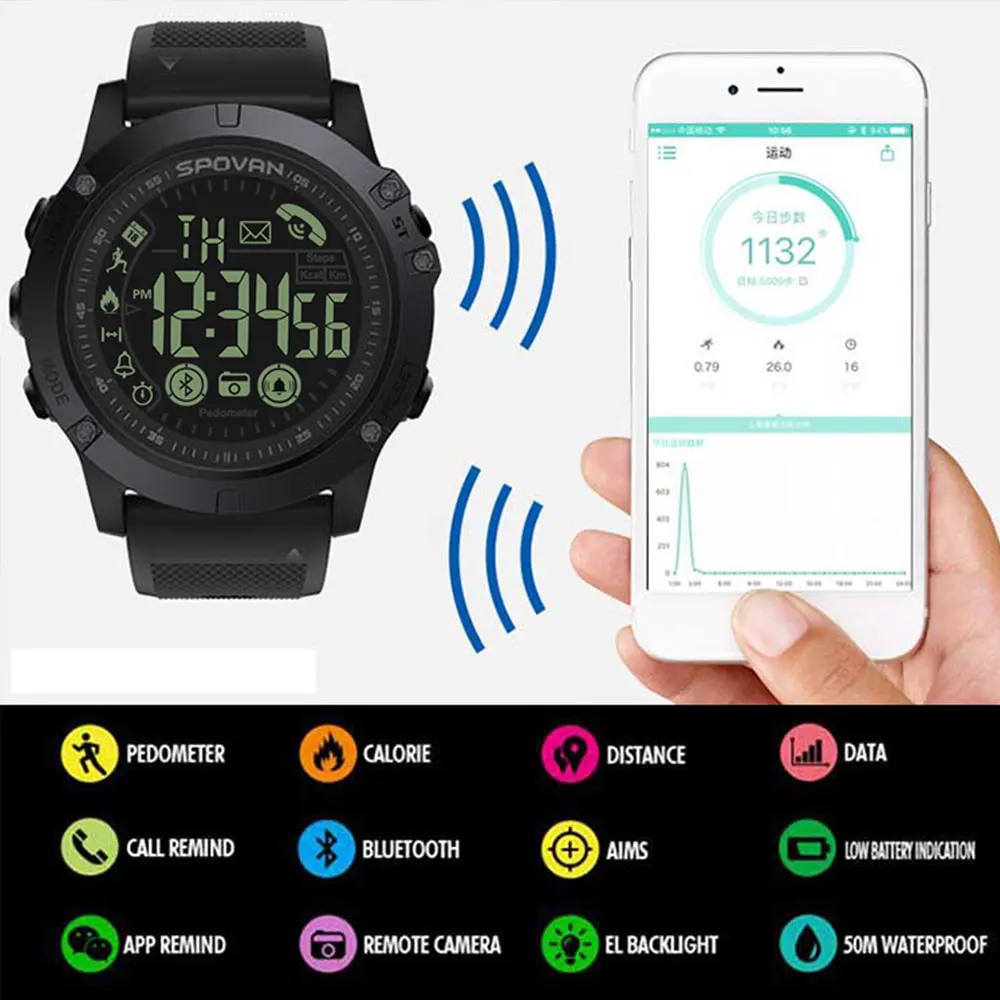 Spovan мужские часы водонепроницаемые P68 Bluetooth Смарт контроль цифровые наручные для