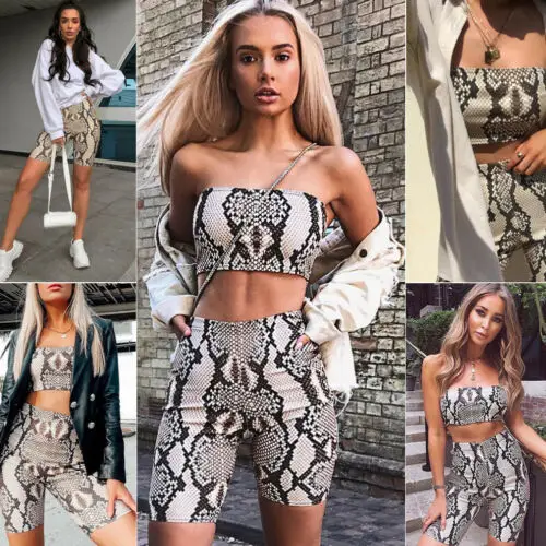 

Sexy Snake Skin Print Two Piece Set Womens Summer Casual Shinny Tube Top Shorts Bodycon 2Pcs Set Outfits Short Sports Sets 2021