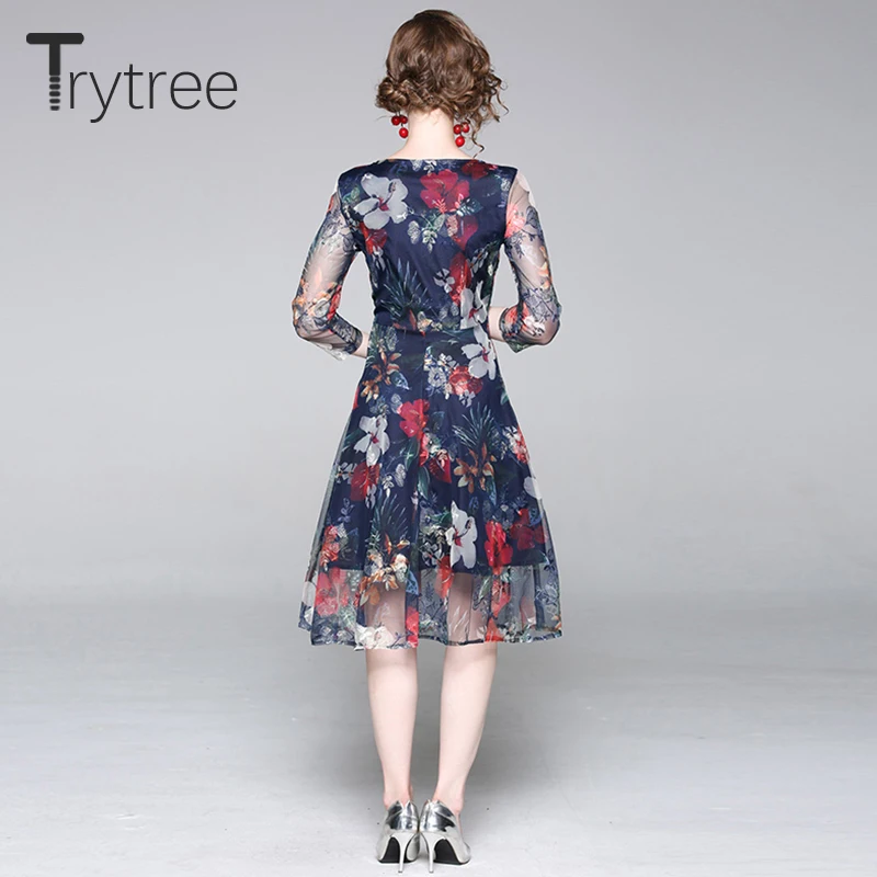 Trytree/летнее женское платье с элегантным круглым вырезом и принтом темно-синие