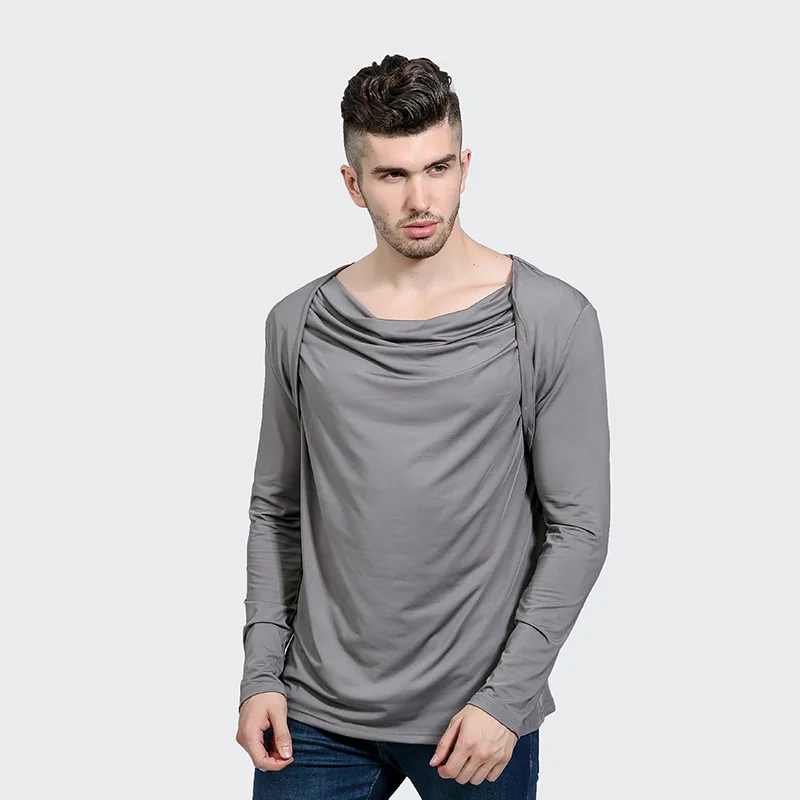 Мужская модная футболка с длинным рукавом и двойным воротником новинка 2017