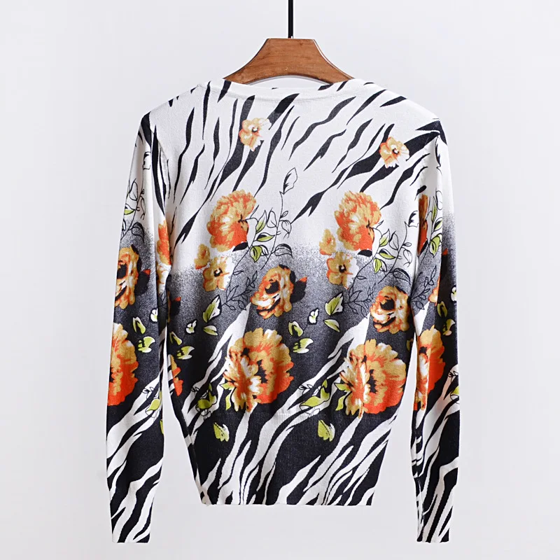 2018 women sweater fall and winter knit orange flower zebra print cardigan new sweet |