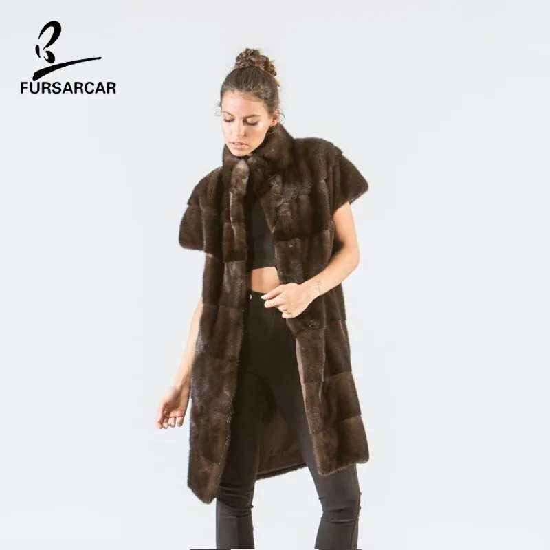 FURSARCAR Real Natural Mink Fur Winter Vest For Fashion Luxury Ladies Gilet Women Genuine Short Sleeve Brown Real Fur Coat
