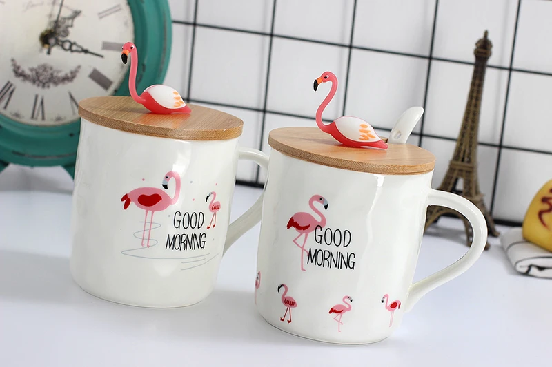 Unibird 3D Мультяшные Фламинго керамические молочные кофейные кружки с ложкой и деревянной крышкой 400 мл милые фарфоровые чайные чашки подарок для девочек