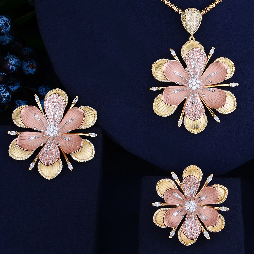 Godki роскошный flowercubic Циркон Цепочки и ожерелья серьги свадьба в Африканском нигерийском стиле комплекты украшений для женщин ювелирные изделия из золота из Дубаи комплект