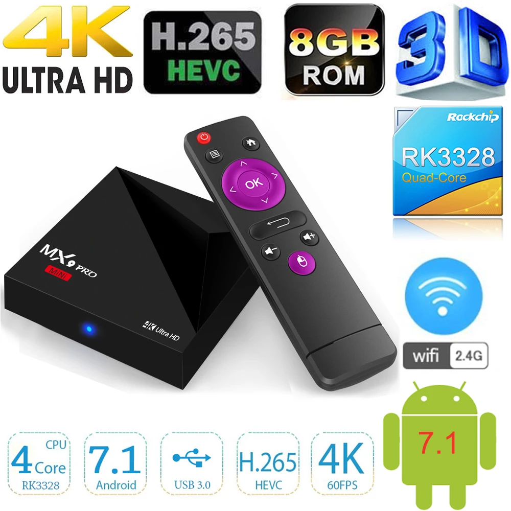 MX9 PRO мини ТВ Box для Android 7 1 Quad core Rockship RK3328 Cortex A53 г Оперативная память 8 Smart коробка Wi Fi