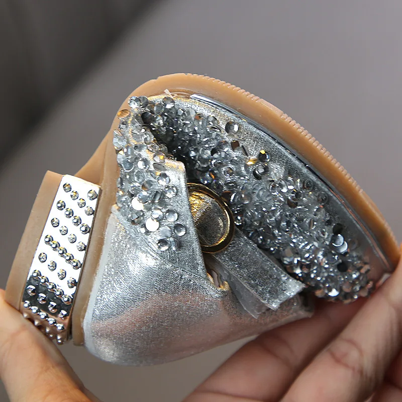 Sweet Girls Shoes Kids Leather For Big Girl Party Dancing Wedding Dress High-heeled Children's Rhinestone |