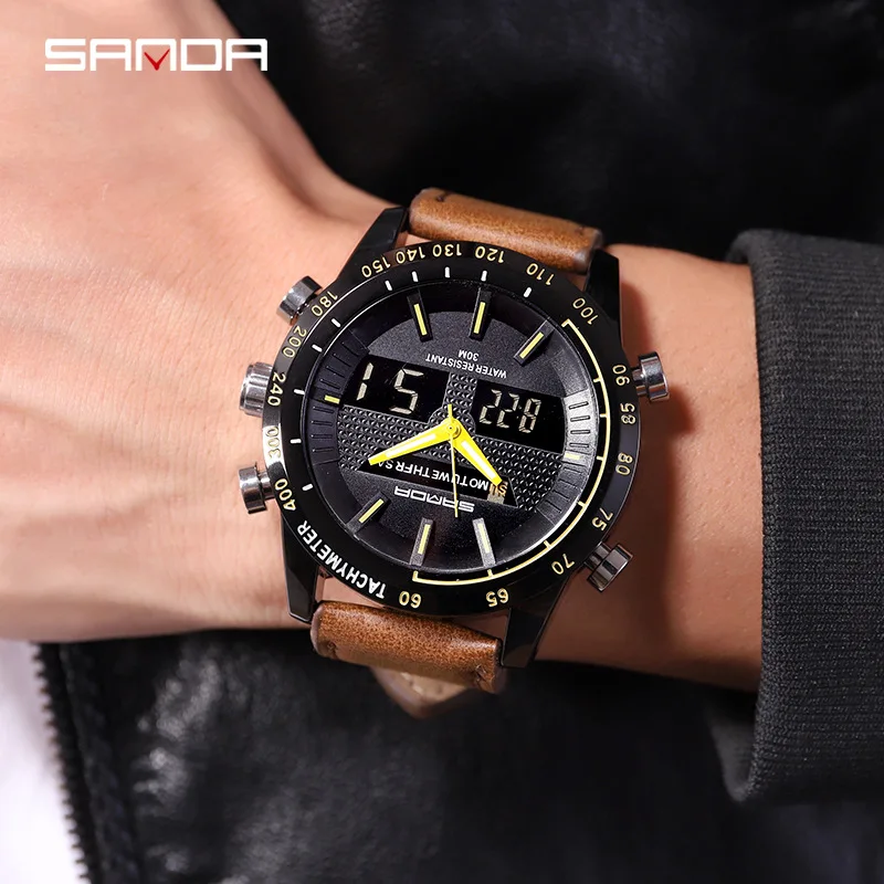 

SANDA Brand Chronograph Sport Men's Watch Waterproof Leather Luminous Military Digital Watch Quartz Clock Male Relogio Masculino