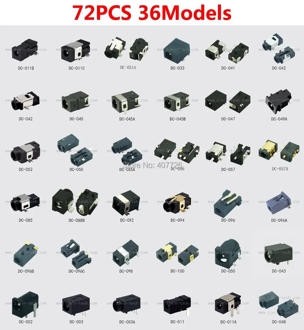 

72pcs/36models DC power connector female tablet DC jack laptop socket terminal 12V SMD Pin1.0/1.35/2.0