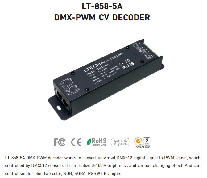 Светодиодный контроллер LT-858-5A DMX декодер 4CH CV RGBW полоса использовать DC12-24V в 5А * Max