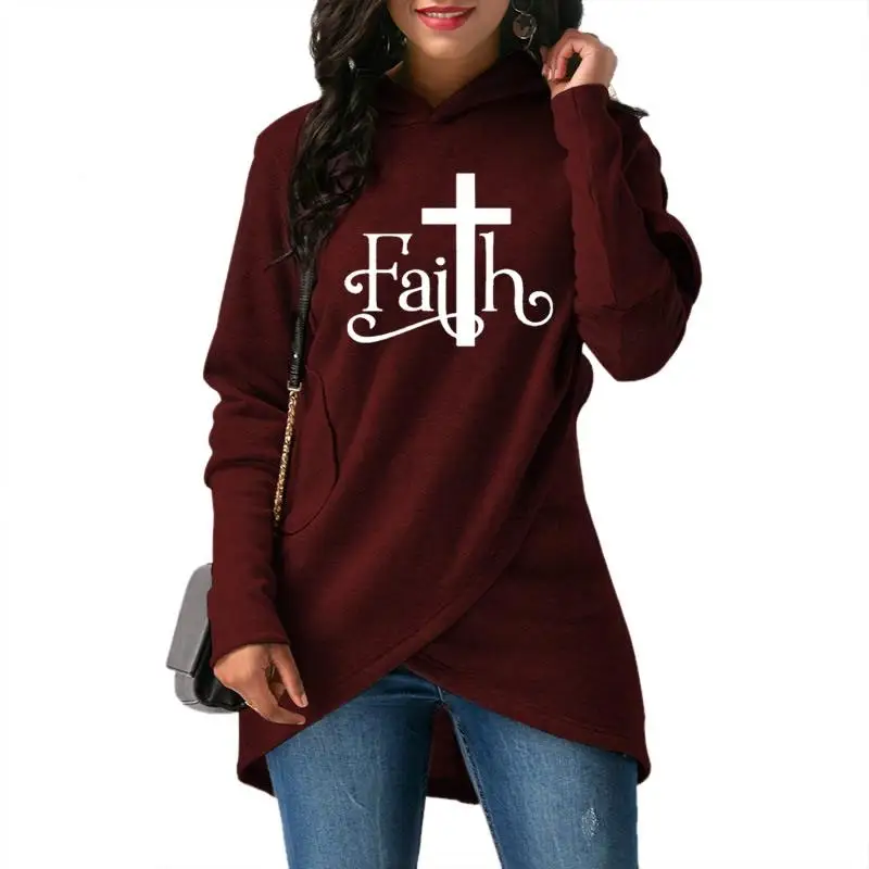 New 2018 Fashion Faith Print Sweatshirt Women Hoodies Kawaii PocketsLong Sleeve Pullover Cross Embroidery Casual | Женская одежда