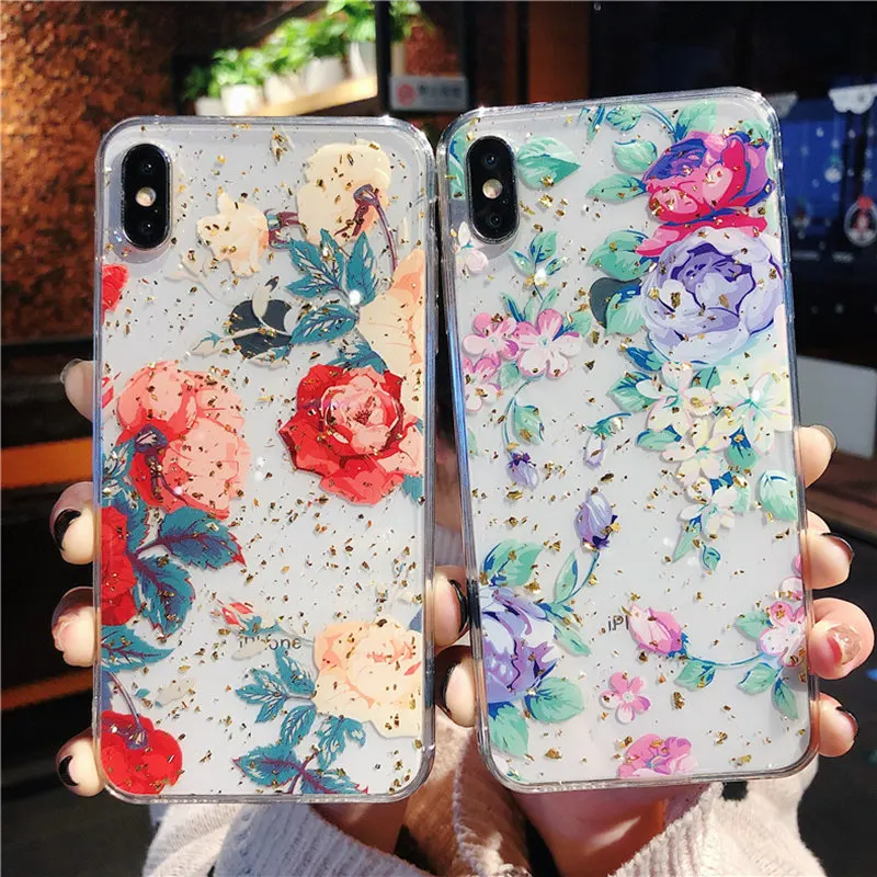 Блестящий Золотой чехол с цветами из фольги для iPhone X XR XS MAX мягкий силиконовый