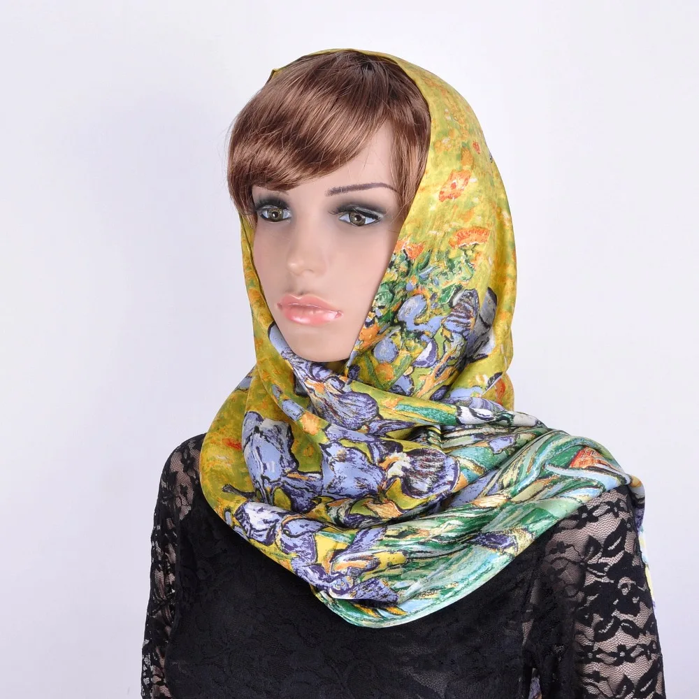 100% шелковый продолговатый женский шарф накидка шаль известная картина маслом